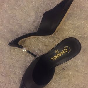 Chanel Black Leather Pearl CC Mules Shoes